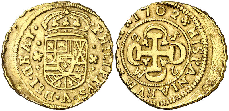 1702. Felipe V. Sevilla. M. 2 escudos. (Cal. 406). 6,68 g. Tipo "cruz". 2-S/M-2....