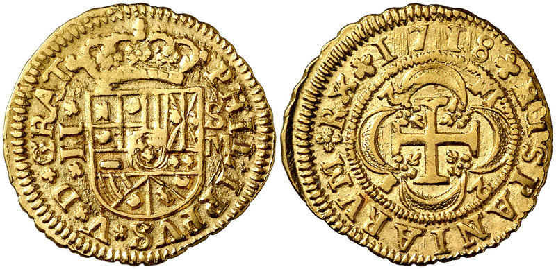 1718. Felipe V. Sevilla. M. 2 escudos. (Cal. 415). 6,70 g. Tipo "cruz". 2 (inver...