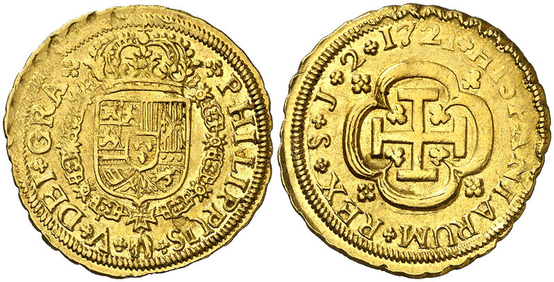1721. Felipe V. Sevilla. J. 2 escudos. (Cal. 417). 6,73 g. Tipo "cruz". Bella. B...