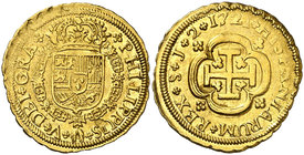 1721. Felipe V. Sevilla. J. 2 escudos. (Cal. 417). 6,73 g. Tipo "cruz". Bella. Brillo original. Rara y más así. EBC-.