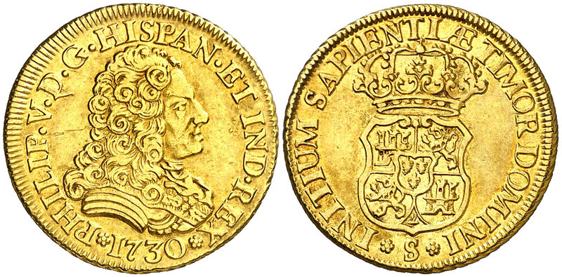 1730. Felipe V. Sevilla. 2 escudos. (Cal. 421). 6,70 g. Sin indicación de valor ...