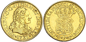 1731. Felipe V. Sevilla. PA. 2 escudos. (Cal. 422). 6,66 g. Sin indicación de valor. Muy rara, sólo hemos tenido otro ejemplar. MBC-.