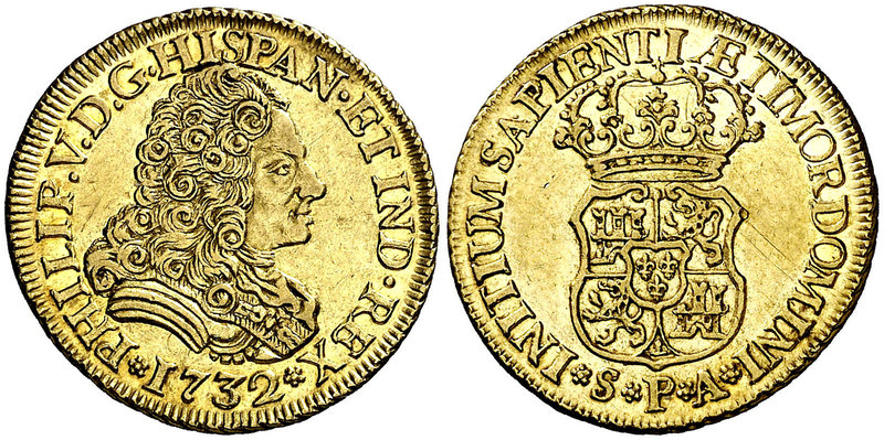 1732. Felipe V. Sevilla. PA. 2 escudos. (Cal. 423) 6,72 g. Sin indicación de val...