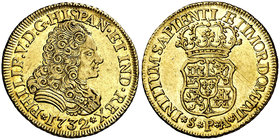 1732. Felipe V. Sevilla. PA. 2 escudos. (Cal. 423) 6,72 g. Sin indicación de valor. Leves rayitas. Parte de brillo original. Ex Áureo & Calicó Selecci...