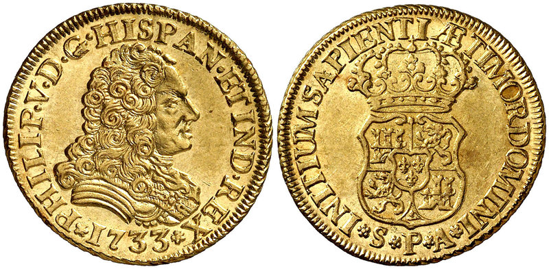 1733. Felipe V. Sevilla. PA. 2 escudos. (Cal. 424). 6,75 g. Sin indicación de va...