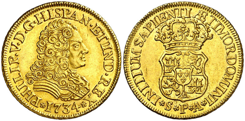 1734. Felipe V. Sevilla. PA. 2 escudos. (Cal. 425). 6,75 g. Sin indicación de va...
