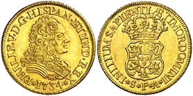 1734. Felipe V. Sevilla. PA. 2 escudos. (Cal. 425). 6,75 g. Sin indicación de valor. Mínimas rayitas. Bella. Brillo original. Rara y más así. EBC/EBC+...