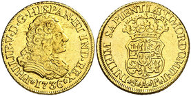 1736. Felipe V. Sevilla. AP. 2 escudos. (Cal. 427). 6,73 g. Sin indicación de valor. Mínimas hojitas. Muy rara, sólo hemos tenido 2 ejemplares. MBC/MB...