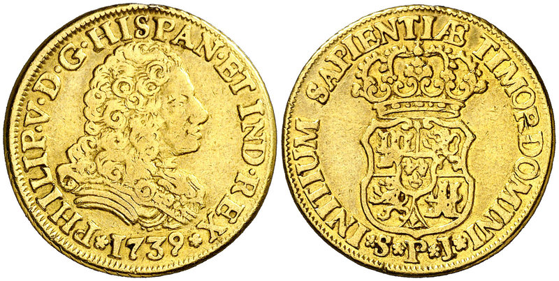 1739. Felipe V. Sevilla. PJ. 2 escudos. (Cal. 429). 6,59 g. Sin indicación de va...