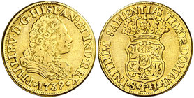 1739. Felipe V. Sevilla. PJ. 2 escudos. (Cal. 429). 6,59 g. Sin indicación de valor. Sirvió como joya. Muy rara, sólo hemos tenido 2 ejemplares. (MBC-...