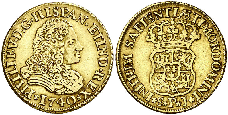 1740. Felipe V. Sevilla. PJ. 2 escudos. (Cal. 430). 6,74 g. Sin indicación de va...
