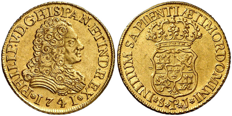 1741. Felipe V. Sevilla. PJ. 2 escudos. (Cal. 431). 6,51 g. Sin indicación de va...