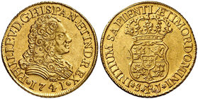 1741. Felipe V. Sevilla. PJ. 2 escudos. (Cal. 431). 6,51 g. Sin indicación de valor. Pátina. Parte de brillo original. Atractiva. Ex Colección Caballe...