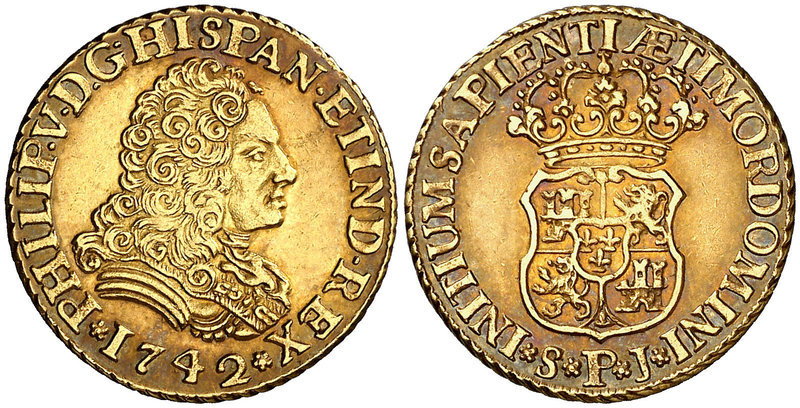 1742. Felipe V. Sevilla. PJ. 2 escudos. (Cal. 432). 6,74 g. Sin indicación de va...
