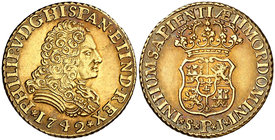1742. Felipe V. Sevilla. PJ. 2 escudos. (Cal. 432). 6,74 g. Sin indicación de valor. Muy bella. Preciosa pátina anaranjada. Ex Áureo & Calicó Selecció...