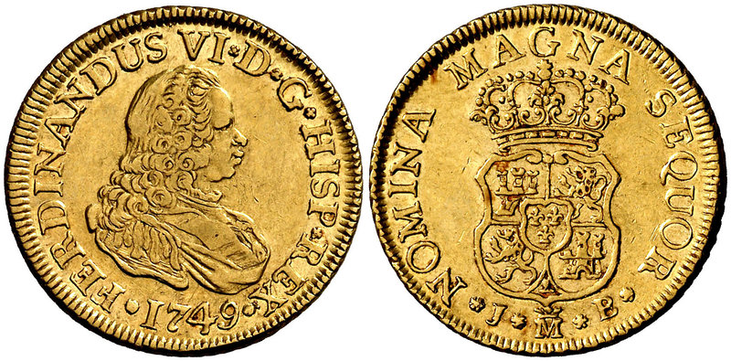 1749. Fernando VI. Madrid. JB. 2 escudos. (Cal. 156). 6,71 g. Tipo de busto únic...