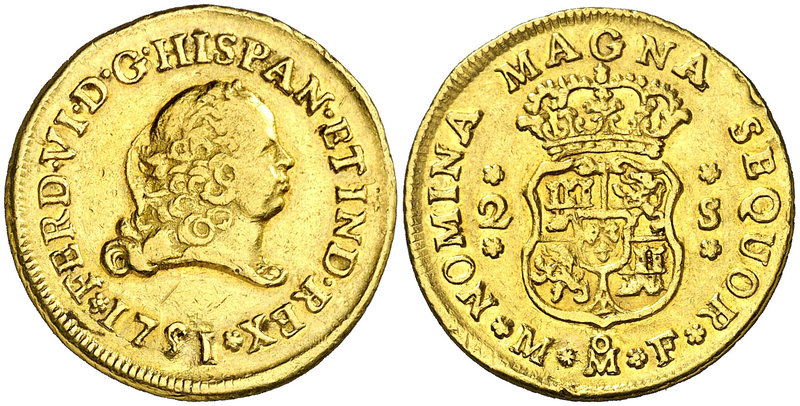 1751. Fernando VI. México. MF. 2 escudos. (Cal. 161). 6,74 g. Perforación hábilm...