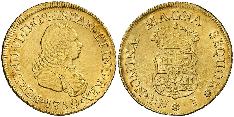 1759. Fernando VI. Popayán. J. 2 escudos. (Cal. 172) (Restrepo 19-8). 6,68 g. Mu...