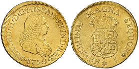 1759. Fernando VI. Popayán. J. 2 escudos. (Cal. 172) (Restrepo 19-8). 6,68 g. Muy bella. Parte de brillo original. No figuraba en la Colección Caballe...