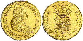 1759. Fernando VI. Santa Fe de Nuevo Reino. J. 2 escudos. (Cal. 190) (Restrepo falta). 6,75 g. Sin indicación de valor. Mínimas marquitas. Bella. Part...