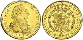 1772. Carlos III. Madrid. PJ. 2 escudos. (Cal. 445). 6,78 g. Muy bella. Brillo original. Rara así. S/C-.
