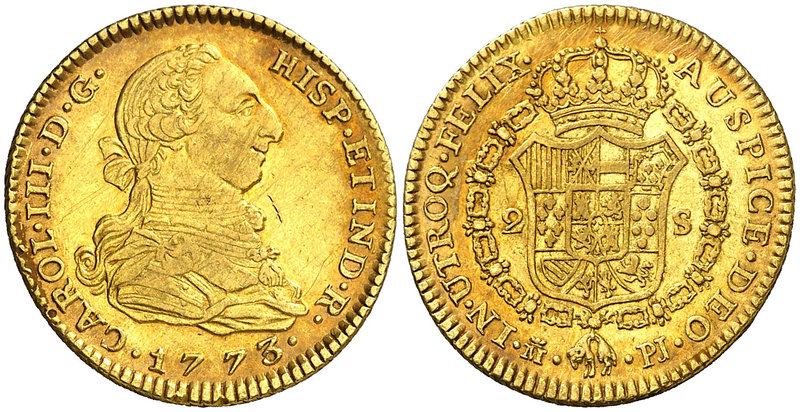 1773. Carlos III. Madrid. PJ. 2 escudos. (Cal. 446). 6,74 g. Leves golpecitos. P...