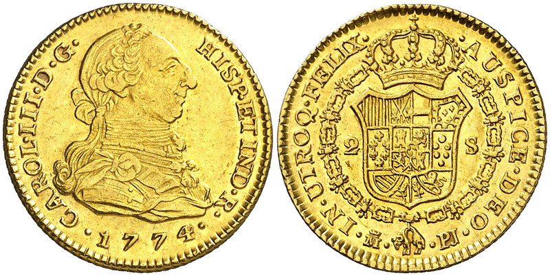 1774. Carlos III. Madrid. PJ. 2 escudos. (Cal. 447). 6,76 g. Leves marquitas. Be...