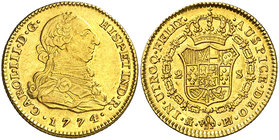 1774. Carlos III. Madrid. PJ. 2 escudos. (Cal. 447). 6,76 g. Leves marquitas. Bella. Parte de brillo original. Ex Áureo 19/12/2001, nº 1153. EBC-/EBC....