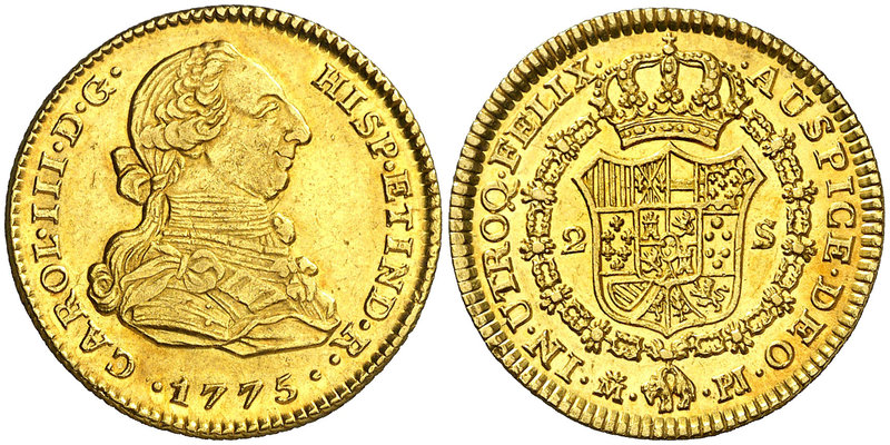 1775. Carlos III. Madrid. PJ. 2 escudos. (Cal. 448). 6,74 g. Bella. Parte de bri...