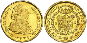 1775. Carlos III. Madrid. PJ. 2 escudos. (Cal. 448). 6,74 g. Bella. Parte de brillo original. Ex Áureo 19/12/2001, nº 1154. Rara así. EBC/EBC+.