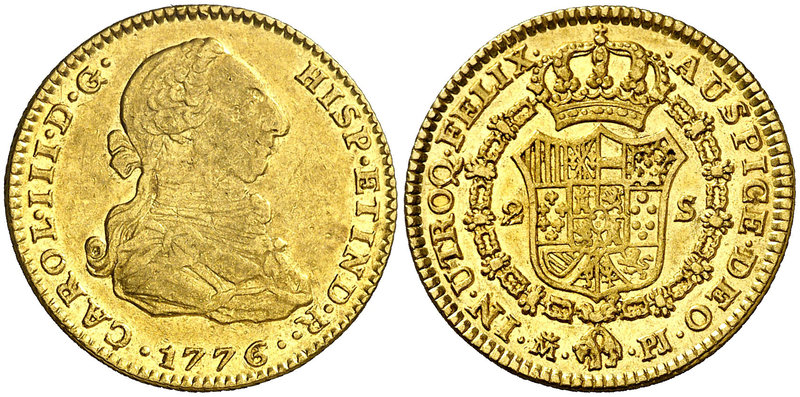 1776/4. Carlos III. Madrid. PJ. 2 escudos. (Cal. 449 var). 6,67 g. Atractiva. Pa...