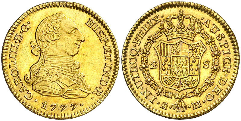 1777. Carlos III. Madrid. PJ. 2 escudos. (Cal. 450). 6,72 g. Levísimas rayitas. ...