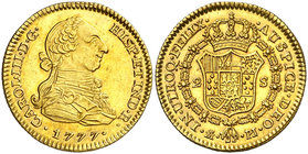 1777. Carlos III. Madrid. PJ. 2 escudos. (Cal. 450). 6,72 g. Levísimas rayitas. Bella. Brillo original. Ex Áureo 09/04/2003, nº 1562. Rara así. EBC+....