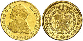 1780. Carlos III. Madrid. PJ. 2 escudos. (Cal. 453). 6,74 g. Rayita. Bella. Brillo original. Escasa así. EBC/EBC+.