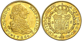 1786/4. Carlos III. Madrid. DV/PJ. 2 escudos. (Cal. 457). 6,75 g. Bellísima. Pleno brillo original. Ex Colección de 2 reales y 2 escudos, Áureo 09/04/...