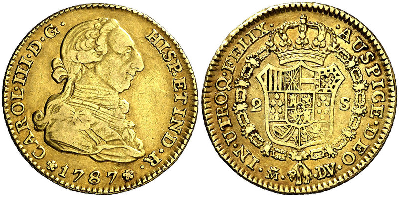 1787. Carlos III. Madrid. DV/JD. 2 escudos. (Cal. 458 var). 6,66 g. Bonito color...