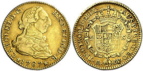 1787. Carlos III. Madrid. DV/JD. 2 escudos. (Cal. 458 var). 6,66 g. Bonito color. Ex Áureo & Calicó 03/02/2016, nº 1699. Muy escasa. MBC/MBC+.