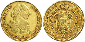 1788/7. Carlos III. Madrid. M. 2 escudos. (Cal. 459 var). 6,75 g. Bonito color. Ex Áureo & Calicó 16/12/2015, nº 1384. MBC+.