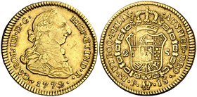 1772. Carlos III. Popayán. JS. 2 escudos. (Cal. 502) (Restrepo 62-1). 6,69 g. Primer año de busto propio. Rayitas. Ex Áureo & Calicó 20/09/2017, nº 13...