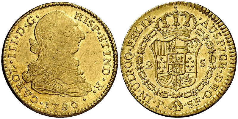 1780. Carlos III. Popayán. SF. 2 escudos. (Cal. 510) (Restrepo 62-18). 6,73 g. L...