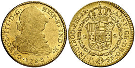 1780. Carlos III. Popayán. SF. 2 escudos. (Cal. 510) (Restrepo 62-18). 6,73 g. Leves marquitas. Parte de brillo original. Ex Áureo & Calicó Selección ...