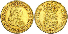 1761. Carlos III. Santa Fe de Nuevo Reino. JV. 2 escudos. (Cal. 535) (Restrepo 56-3). 6,69 g. Busto de Fernando VI. Leves rayitas. Bonito color. Muy e...