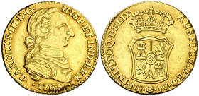1765. Carlos III. Santa Fe de Nuevo Reino. JV. 2 escudos. (Cal. 541) (Restrepo 60-8). 6,71 g. Tipo "cara de rata". Golpecito. Atractiva. Rara y más as...