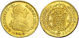 1782. Carlos III. Santa Fe de Nuevo Reino. JJ. 2 escudos. (Cal. 56) (Restrepo 61-23). 6,71 g. Golpecito. Bonito color. Escasa. MBC+.