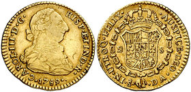 1789. Carlos III. Santiago. DA. 2 escudos. (Cal. 574, mismo ejemplar) (Kr. 32, indica la acuñación de 2380 ejemplares). 6,77 g. Golpecito en canto. Pr...