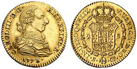 1773. Carlos III. Sevilla. CF. 2 escudos. (Cal. 575). 6,73 g. Bella. Brillo original. Ex Áureo Selección 2007, nº 241. Rara así. EBC+.