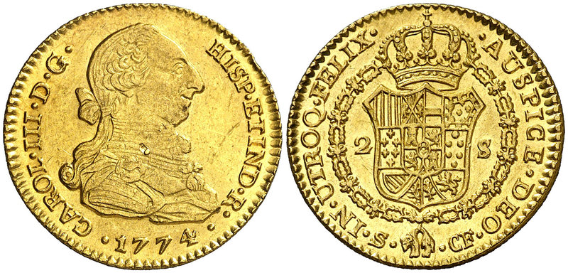 1774. Carlos III. Sevilla. CF. 2 escudos. (Cal. 576). 6,71 g. Rayitas, pero muy ...