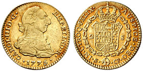1775. Carlos III. Sevilla. CF. 2 escudos. (Cal. 577). 6,64 g. Rayitas. Precioso color. Ex Áureo 31/05/2006, nº 681. Escasa. MBC/MBC+.