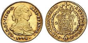 1776. Carlos III. Sevilla. CF. 2 escudos. (Cal. 578). 6,73 g. Buen ejemplar. Ex Áureo 31/05/2006, nº 682. Muy escasa. MBC+/EBC-.