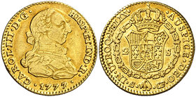 1777/6. Carlos III. Sevilla. CF. 2 escudos. (Cal. 579 var). 6,72 g. Bonito color. MBC+.